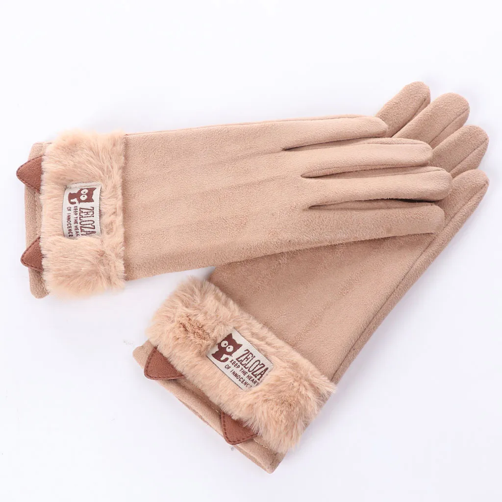 Women Cartoon Cute Cat Ear Winter Fleece Thermal Gloves Thicken Warm Mittens Solid Color Warm Gloves Windproof Gloves#YL5