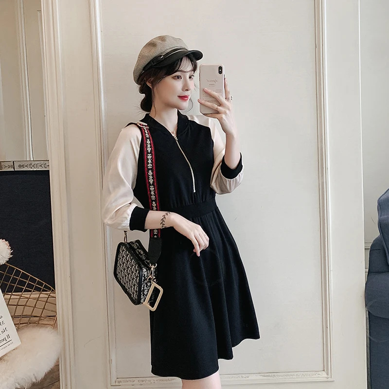 

Autumn Plus Size Jacket Style Dress Zipper Top Patchwork Long Sleeve A-line Mini Dress 2019 Chic Female Haut Women Dress