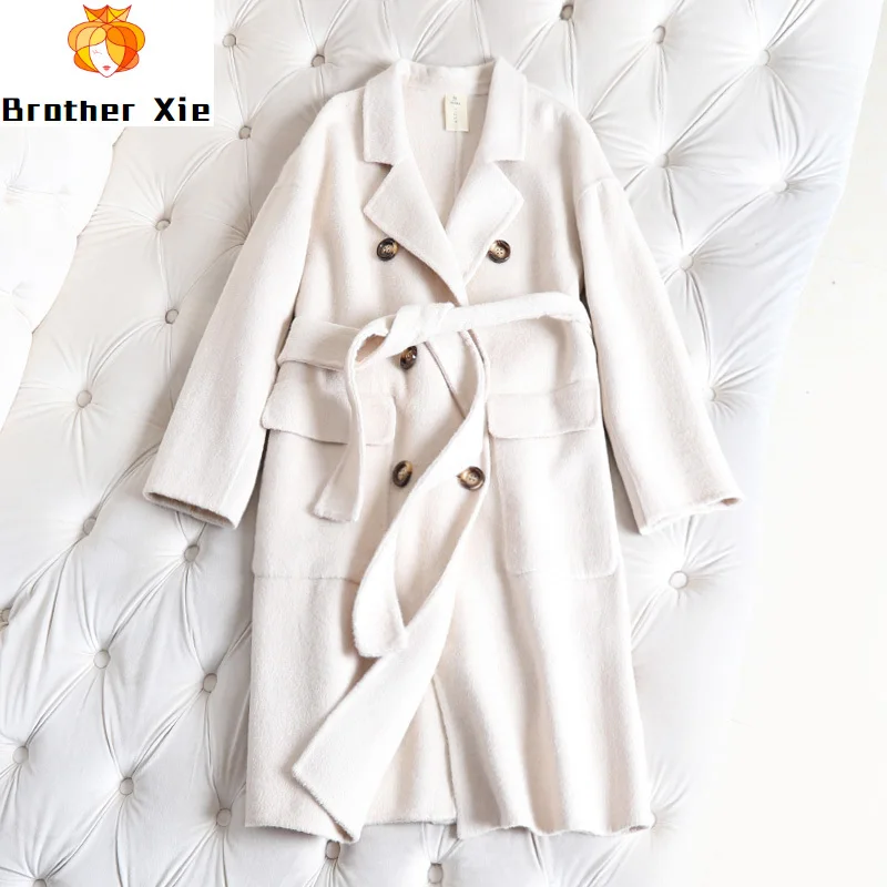 

New Double-sided 100% Wool Overcoat Turn-down Collar Double Breasted Slim Drop-shoulder Office Lady Woolen Overcoat