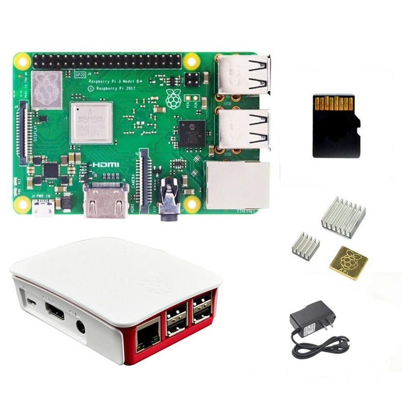Raspberry Pi 3 Model B + (плюс) Встроенный Broadcom 1,4 ГГц Quad-Core 64-разрядный процессор Wi-Fi, Bluetooth и Usb Порты и разъёмы с чехлом