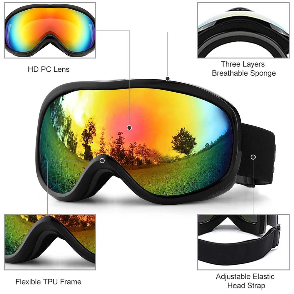 Ski Goggles Colorful Lens Winter Snow Sports Snowboard Goggles Anti-fog UV Protection Kids Skiing Mask Skiing Glasses D30