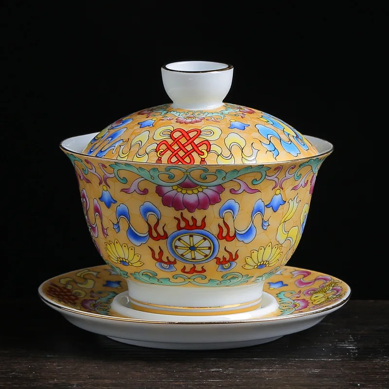 Цветная эмалированная китайская чайная посуда Gaiwan Sancai, чайная чаша, набор чайных чашек и блюдца, 150 мл, чайная чашка, чайник - Цвет: A