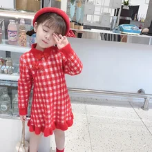 Осенне-зимнее теплое вязаное платье в китайском стиле для маленьких девочек; вязаное платье с длинными рукавами; платья в клетку с оборками для малышей; костюм