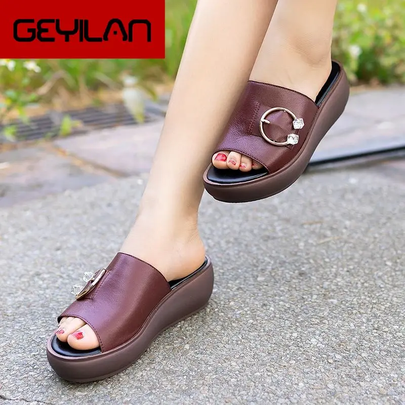 

2020 Slippers Woman Platform Genuine Leather Summer Shoes Fashion Wedges Heels Sandals Women's Slides