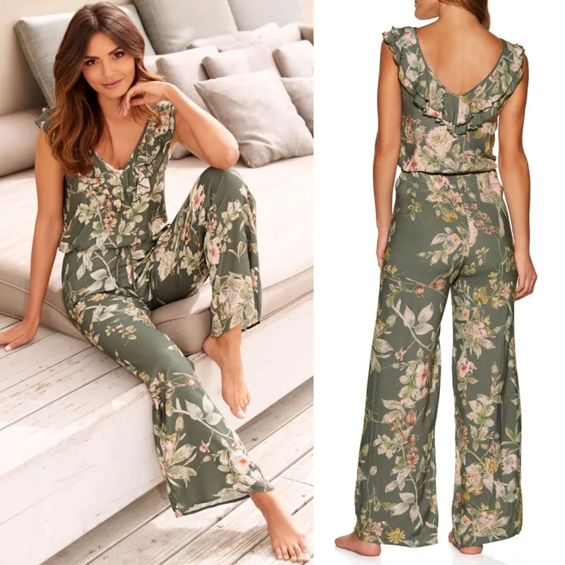 

Women Flower PrintingJumpsuit Spring Lace Up Loose Printed Jumpsuit Home Casual Jumpsuit Bell Bottom Pants for Women Vintage