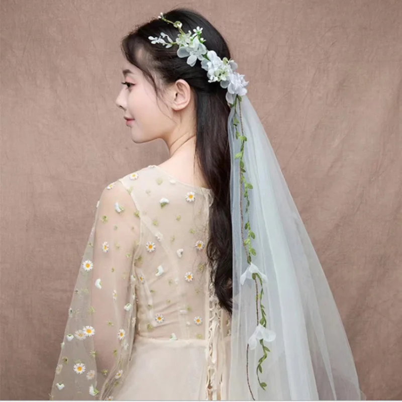 SERMENT Rattan Handmade Section Cloth White Garland Seaside Wreath Veil One-Layer 150cm Wedding Accessories