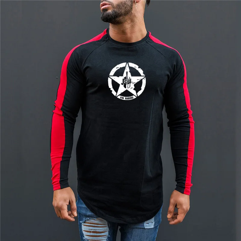 

Mens Long-Sleeved Tees Splicing Color block raglan Sleeves Slim Cotton stiching Fashion Graphic Tshirts Gym Workout Causal Tops