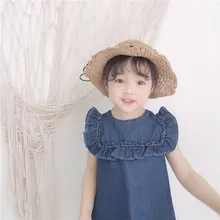 EnkleiBB/милое летнее джинсовое платье для маленьких девочек; прямые платья с рюшами на рукавах; милое детское джинсовое платье в Корейском стиле