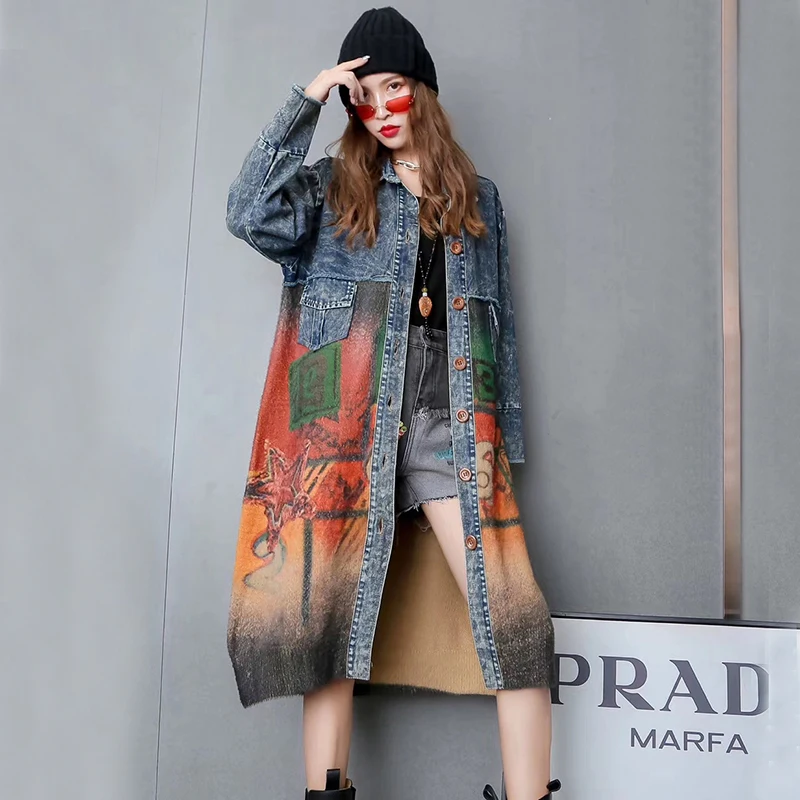 

Women Cowboy Overcoat 2020 Autumn Winter Contrast Water Wash Distressed Coat Long Loose Patchwork Sweater Trench Coat Splicing C