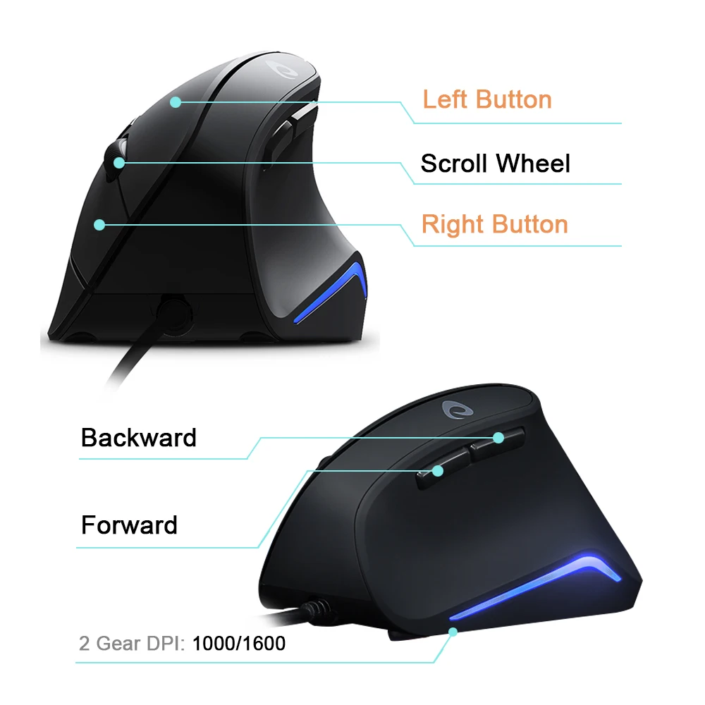 DAREU LM108 Ergonomic Wired Vertical Mouse 1600DPI 6 Button Optical Right Hand Mice With LED light For PC Laptop Computer Office