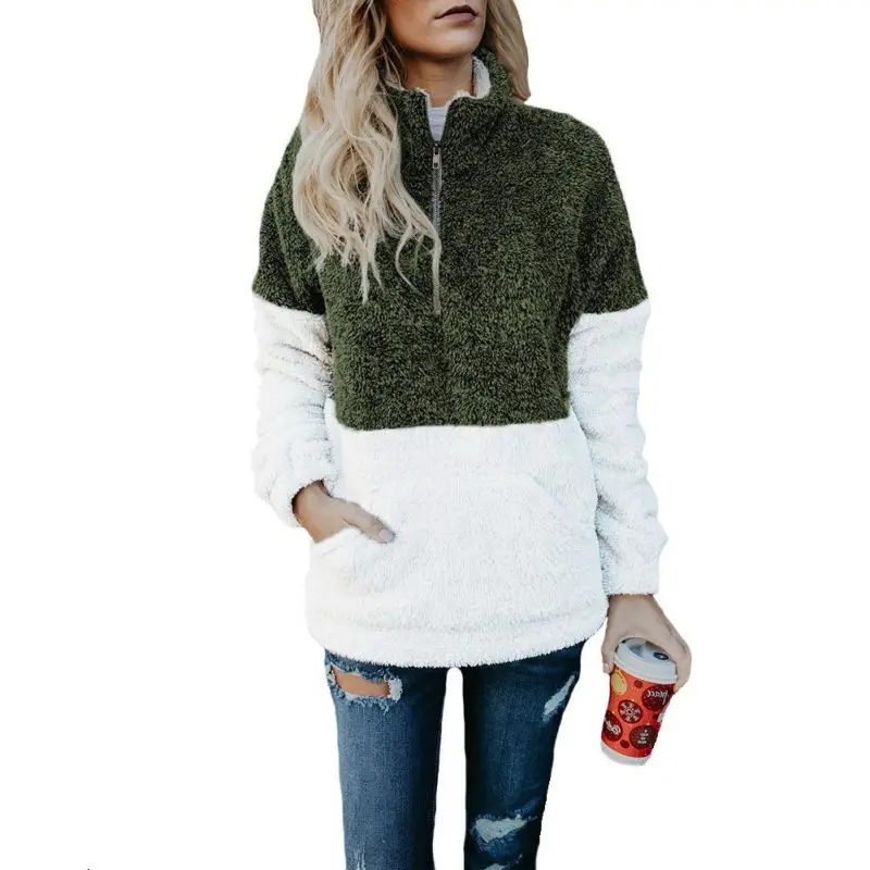 

Women Winter Fleece Patchwork Coat Fashion Long Sleeve Zipper Turtleneck Jacket Female Casual Warm Autumn Pullover Tops