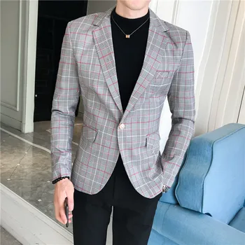 

British Style Plaid Blazer Masculino Asian Size Single Button Slim Fit Suit Jacket Men Blazers Wedding Veste Costume Homme M-3XL