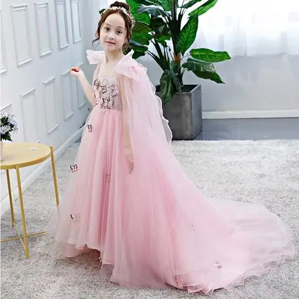 

Free shipping children's girls pink butterfly veil shoulder princess stage costume medieval renaissance gown dress Halloween
