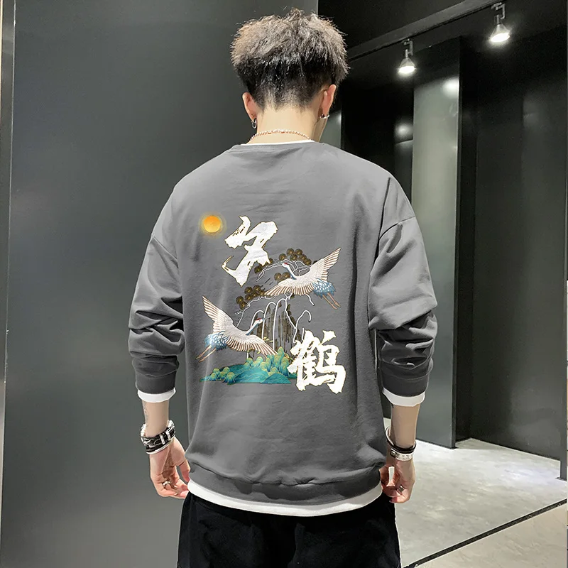 

Ukiyoe Crane Pattern Men Streetwear Hip Hop Autumn New Pull Over Spandex O Neck Oversize Couple Casual Men