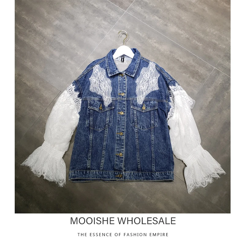 

Cardigan Lace Stitching Denim Jacket Female Early Autumn Thin Section Loose Port Wind Jacket Lantern Sleeve