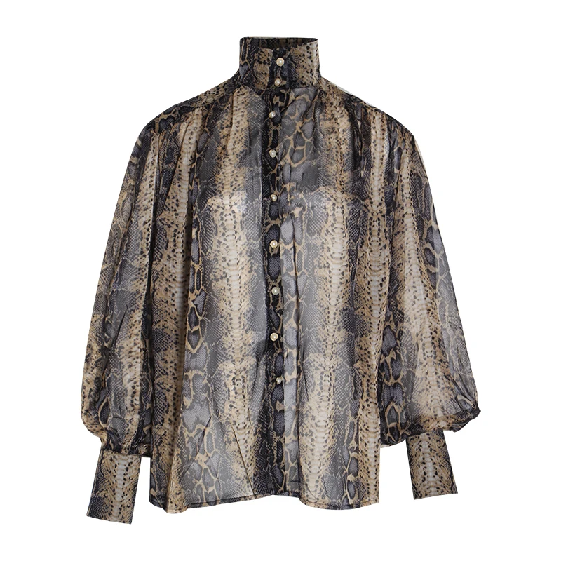 Darkbrown TWOTWINSTYLE, шифоновая леопардовая женская рубашка, стоячий воротник, фонарь, длинный рукав, богемные женские рубашки,, осенняя мода, новинка - Цвет: Darkbrown