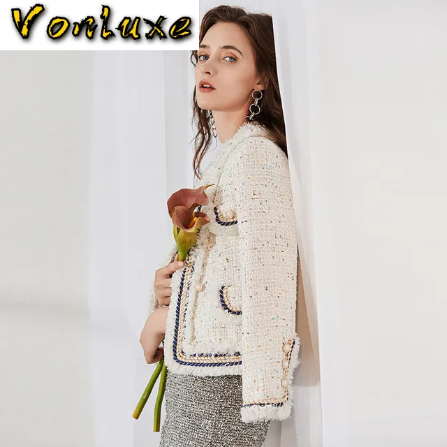 2020 Fringe Tassel Tweed Jacket Women Elegant Runway Wool Blazer Pockets Luxury Brand Designer Autumn Winter Warm Woolen Coat | Женская