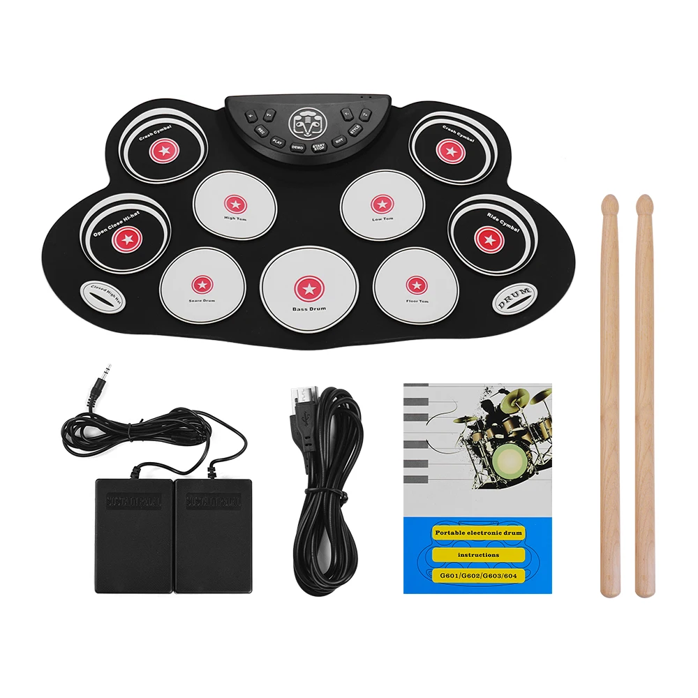 

Ultra-Compact Electronic Drum Set Digital Roll-Up Drum Kit 9 Drum Pads Support Recording with 2 Foot Pedal Drum Stick No Speaker