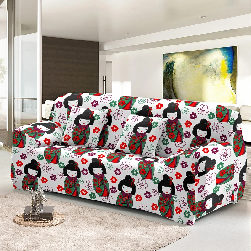 Cartoon Japanese Doll Elastic Sofa Cover For Living Room Decor 1/2/3/4 Seat Full Wrapped Slipcovers Dust-proof Couch Covers 5