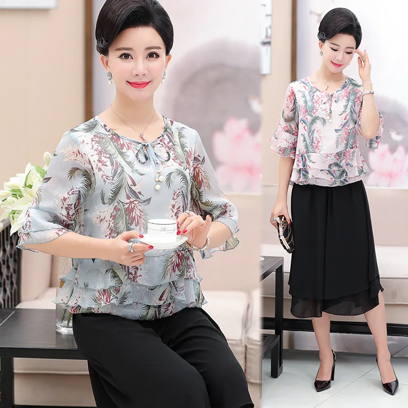 

2018 New Style Middle-aged Mom Summer Wear Set Two-Piece Set Fashion Young Middle-aged WOMEN'S Short Sleeve Shirt T-shirt Tops