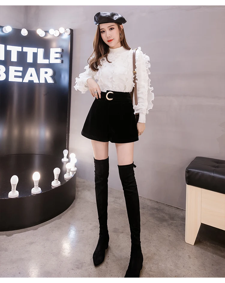 Зимние черные бархатные теплые шорты для женщин осень укороченные штаны в Корейском стиле тонкий высокая талия шерстяные женские шорты Элегантные Короткие mujer