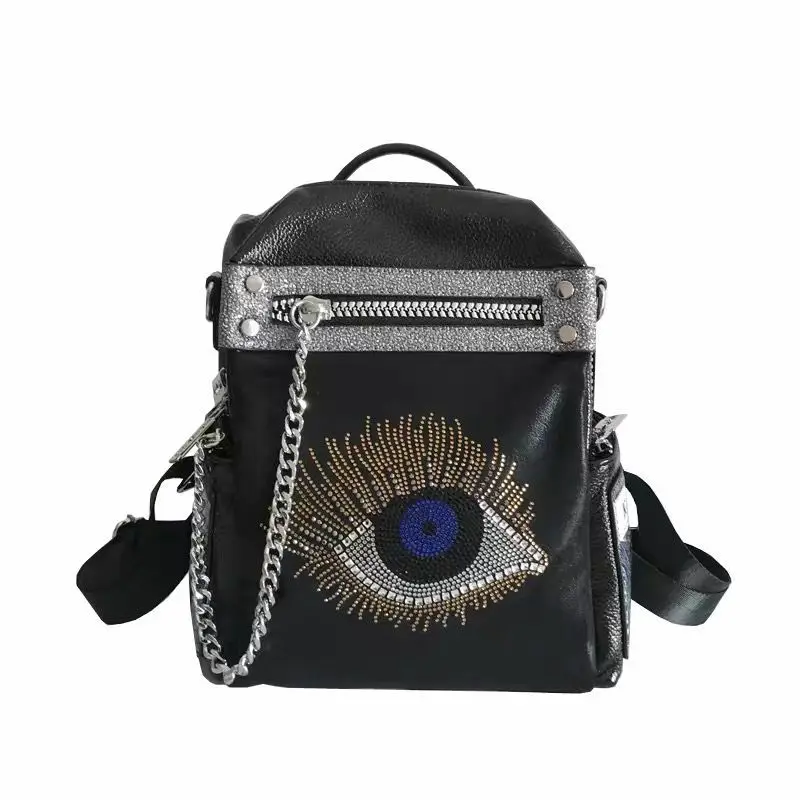 

Girl's Backpack 2020 New Fashion Eye Pattern Rhinestone Soft Leather Backpacks Chain Travel Large Capacity Anti-theft Backpack