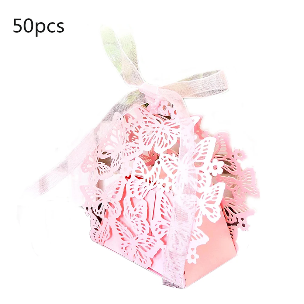 Pink 50 шт./компл. бабочка Лазерная резка полые перевозки сувениры, подарочная упаковка, коробка для конфет с бантом для вечеринки свадьбы события вечерние поставки - Цвет: Pink