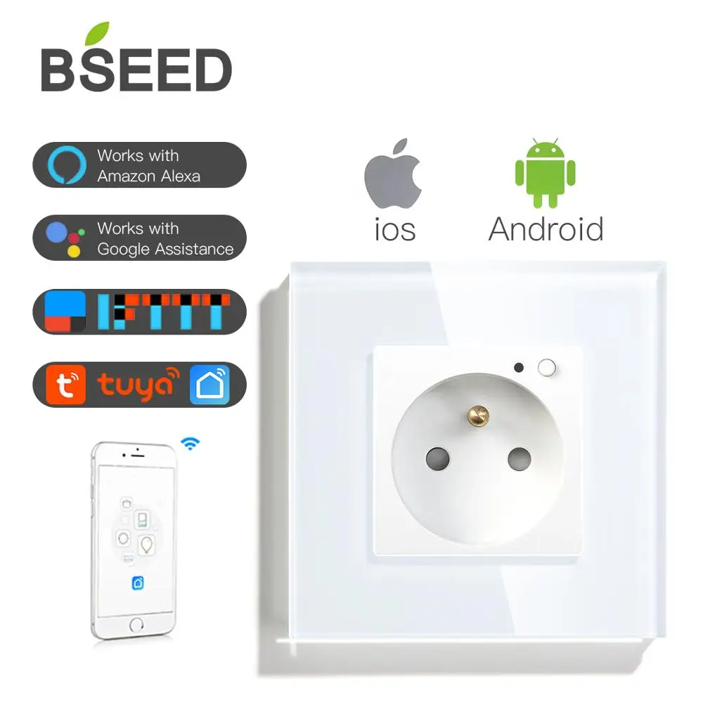 BSEED France Standard Wifi Wall Socket With White Black Golden Glass Crystal Panel Socket Smart France Socket Support For Tuya