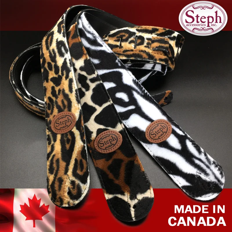 Steph B190 Fake Fur Top Split Leather Back Guitar or Bass Strap Leoparg Giraffe Zebra Animal Style Made in Canada | Спорт и