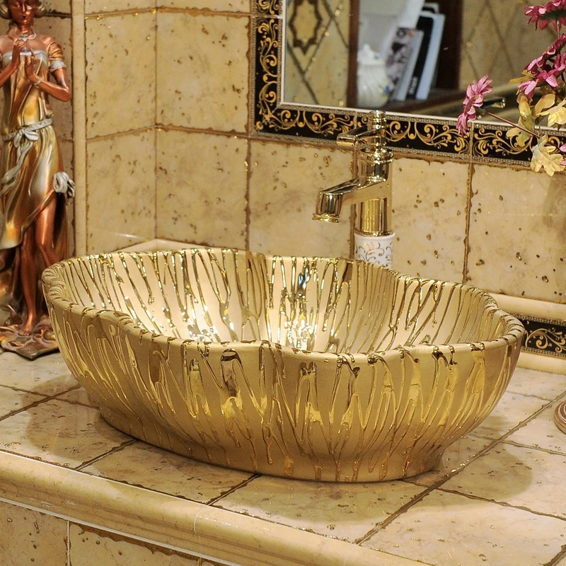 European Style Table Basin Gold Ceramic Basin Light Luxury Creative Art Washbasin Beauty Salon Bathroom Basin