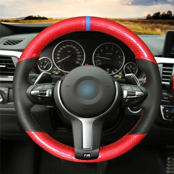 

OLPAY Red PU Carbon Fiber Black Leather Steering Wheel Cover for BMW F87 M2 F80 M3 F82 M4 M5 M6 F85 X5 M F86 X6 F33 M Sport