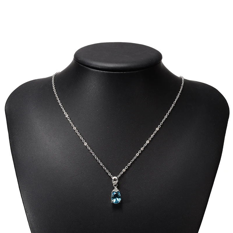 Women Charming Blue Crystal Rhinestone Chain Luxury Statement Water Drop Crystal Pendant Necklace Wedding Engagement Party Gift