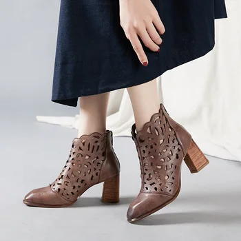 

thick with hollow out boots small square head restoring ancient ways high-heeled shoes leather shoes in guangzhou