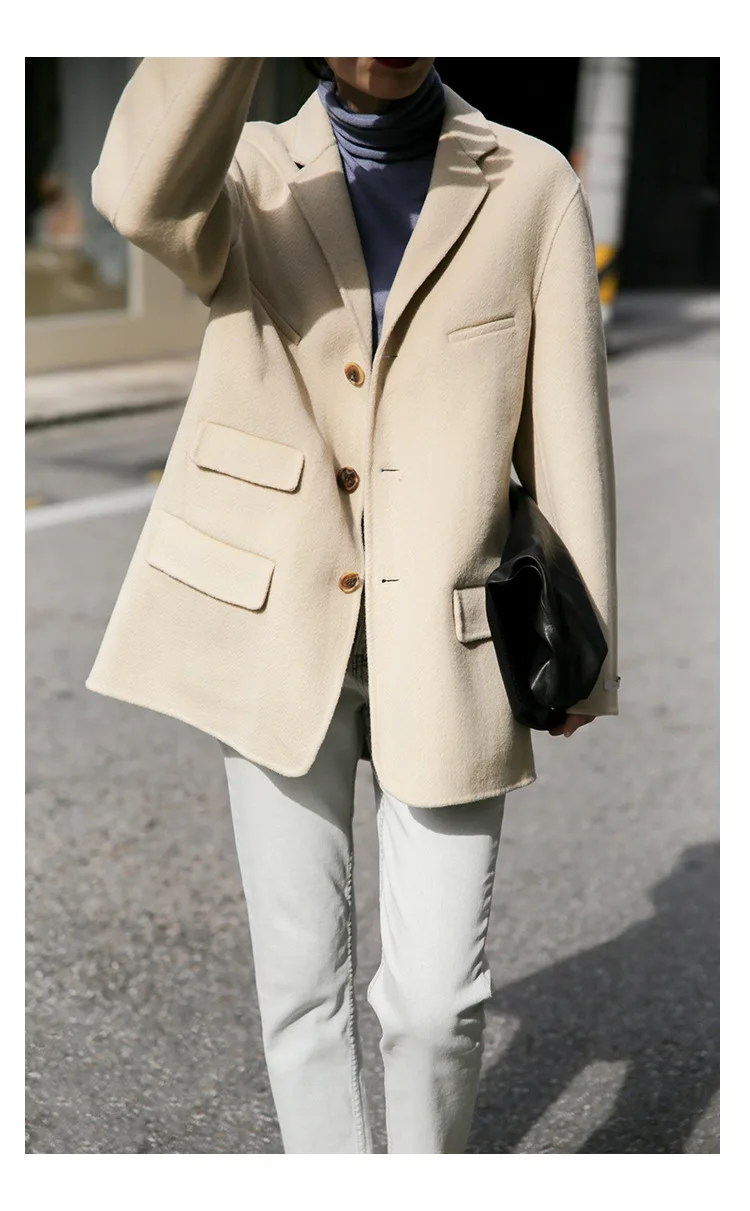 autumn and winter suit collar woolen coat female retro solid color handmade double-sided woolen coat
