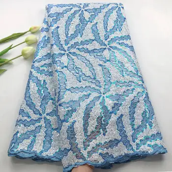

Most popular nigerian french double lace fabric High quality bridal embroidered tulle lace fabric with beads and sequins 5 yard