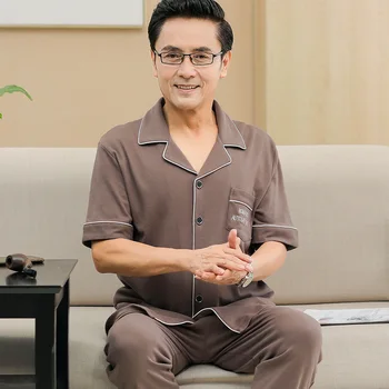 

Spring and Summer Dad Pajamas Men Summer Short Sleeve Pure Cotton Thin Summer Half Sleeve Trousers Elderly People Men's Homewear
