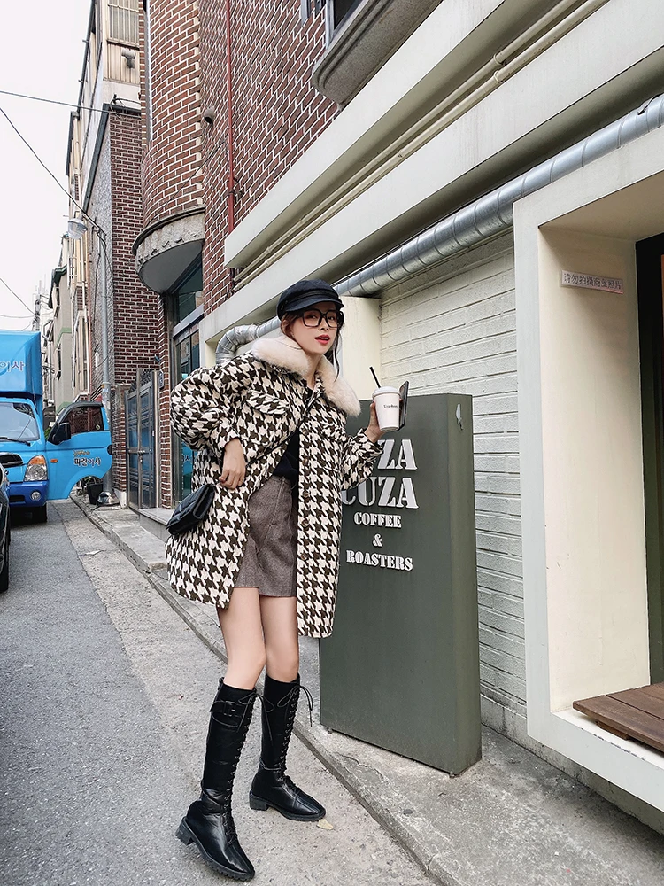 MISHOW зимнее женское Новое корейское Стильное элегантное шерстяное пальто с отворотом женская верхняя одежда с меховым воротником средней длины MX19D9714