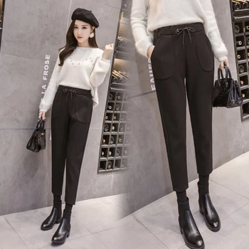 

2019 winter new thickening tie woolen suit pants high waist pants pants nine pants