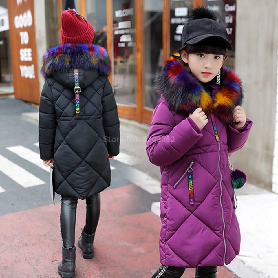 Зимняя Детская куртка для девочек, плотное длинное теплое пальто, модная разноцветная верхняя одежда с меховым воротником для девочек