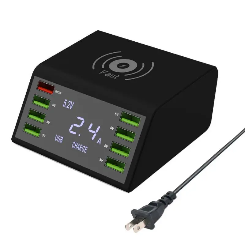 Mobile Phone Smart Charger With 8-Port USB QC3.0+10W Wireless Fast Charging Digital Display Smart Charger