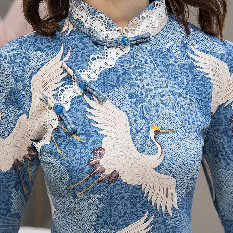 Китайское платье Ципао cheongsam Горячее предложение темно-синий журавль с вышивкой женское традиционное атласное qi pao кружевное платье Ципао с коротким рукавом