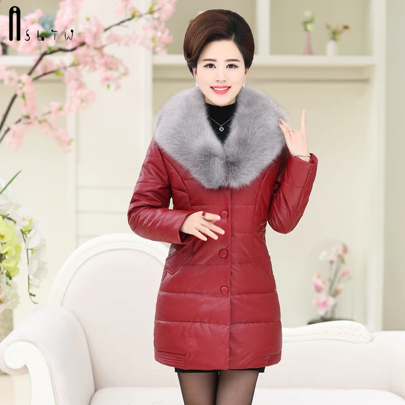 ASLTW XL-5XL Plus Size Long Leather Jacket Women New Winter Fur Collar Coat Women Single-breasted Cotton Pu Leather Jackets