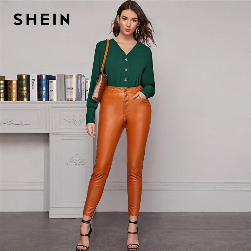 SHEIN белая однотонная блуза с длинным рукавом и пуговицами спереди, женские топы, офисные женские весенние элегантные шифоновые блузки с v-образным вырезом