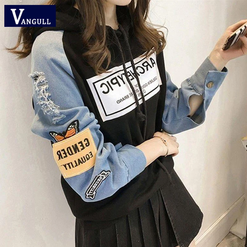 Vangull Harajuku Женская толстовка с буквенным принтом, женские толстовки с капюшоном, Новинка осени, пуловер с длинным рукавом и завязками