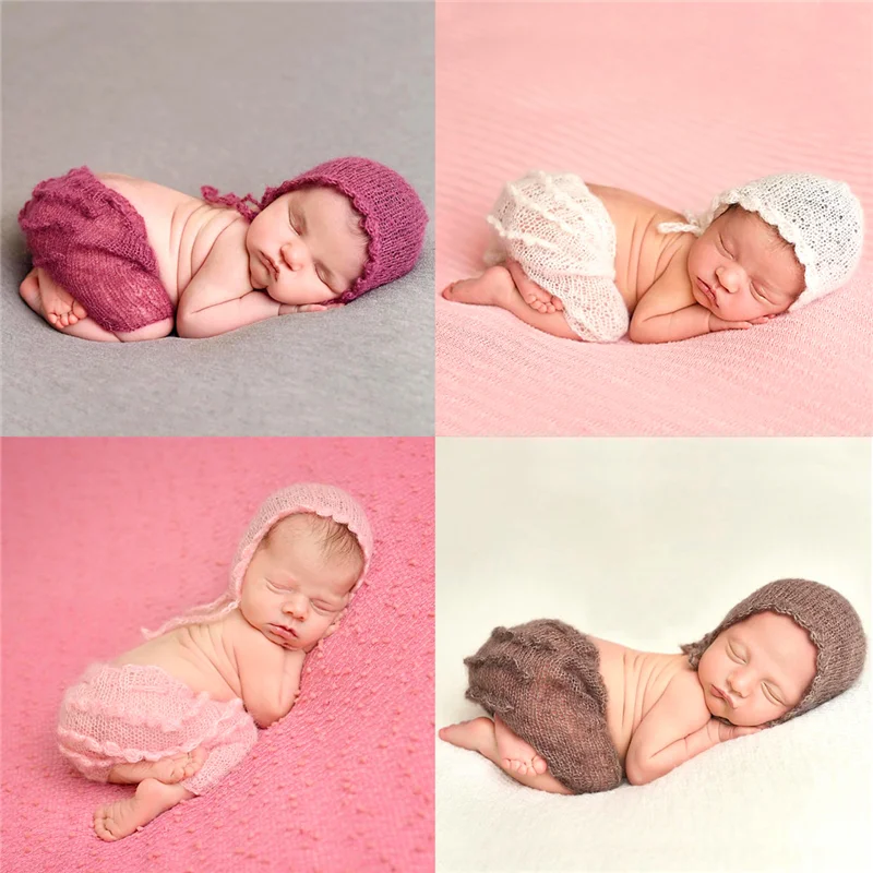Newborn Photography Props Knitted Costume Baby Hats Caps Mohair Prop Accessories Photo Accessory Hat+Ruffles Pants Set | Детская одежда