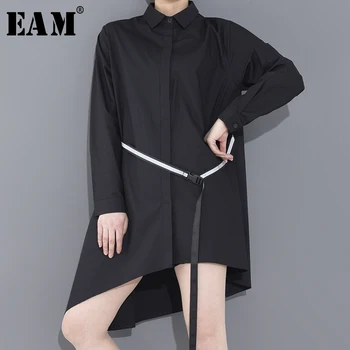 

[EAM] Women Black Striped Big Size Long Blouse New Lapel Long Sleeve Loose Fit Shirt Fashion Tide Spring Summer 2020 1N48501