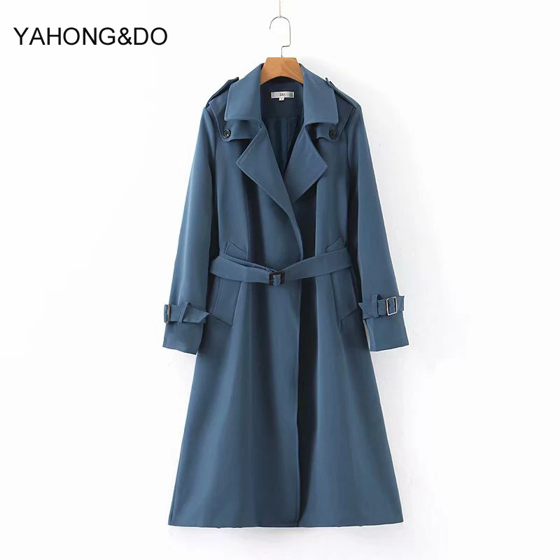 

Autumn Winter 2019 Women's long coat classic slim windbreaker trench ladies blue outwear coat