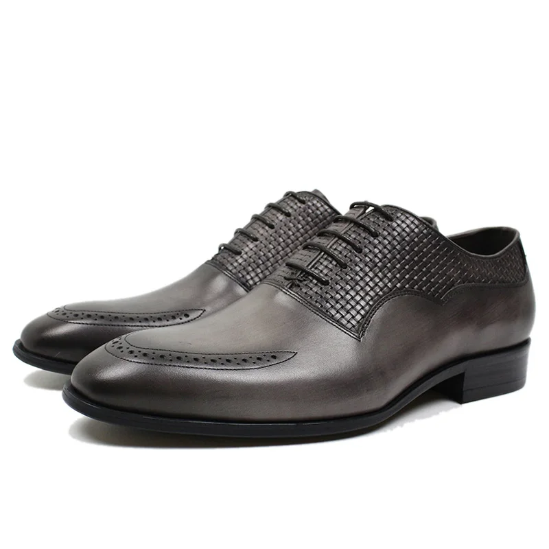 

Men Dress Shoes Genuine Leather Hand Painted Gray Lace Up Mens Oxford Shoes Business Pointed Toe Men's Formal Shoes for Wedding