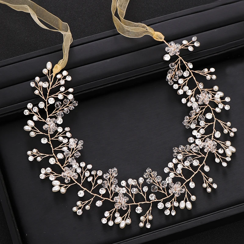 

AiliBride Bridal Headband Crystal Pearl tiara Gold Wedding Headpiece Hair Vine Prom Bridal Wedding Hair Jewelry Accessories