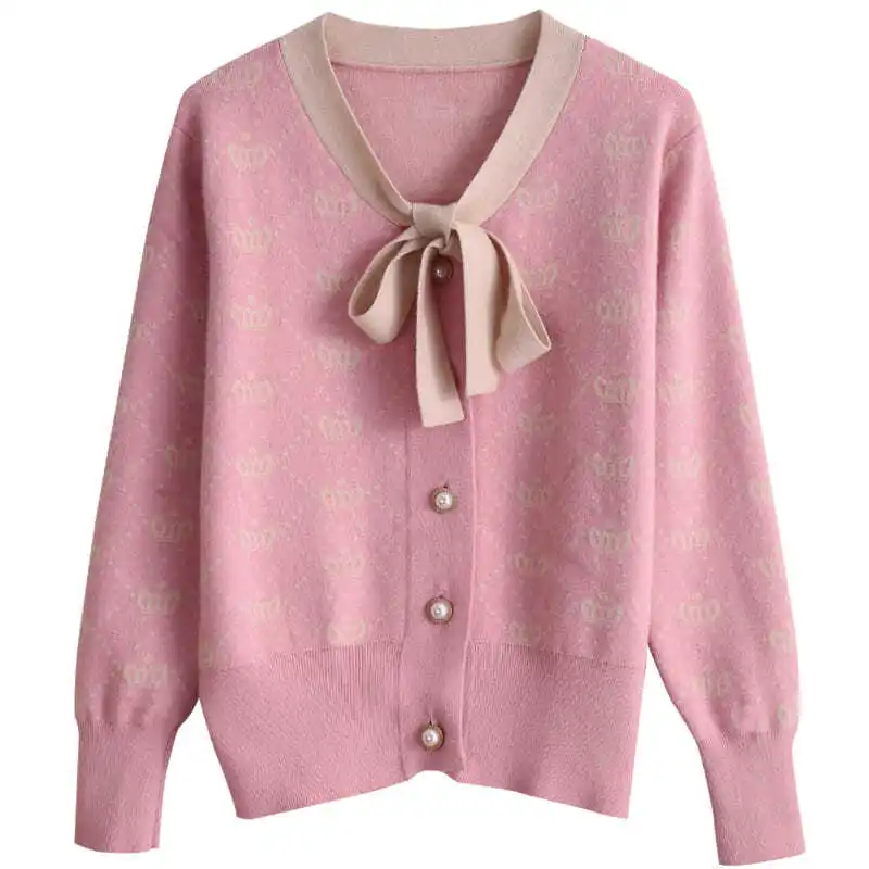 

2020 autumn and winter New bow Crown ladies small fragrance style Foreign style knitted cardigan loose sweater short coat female